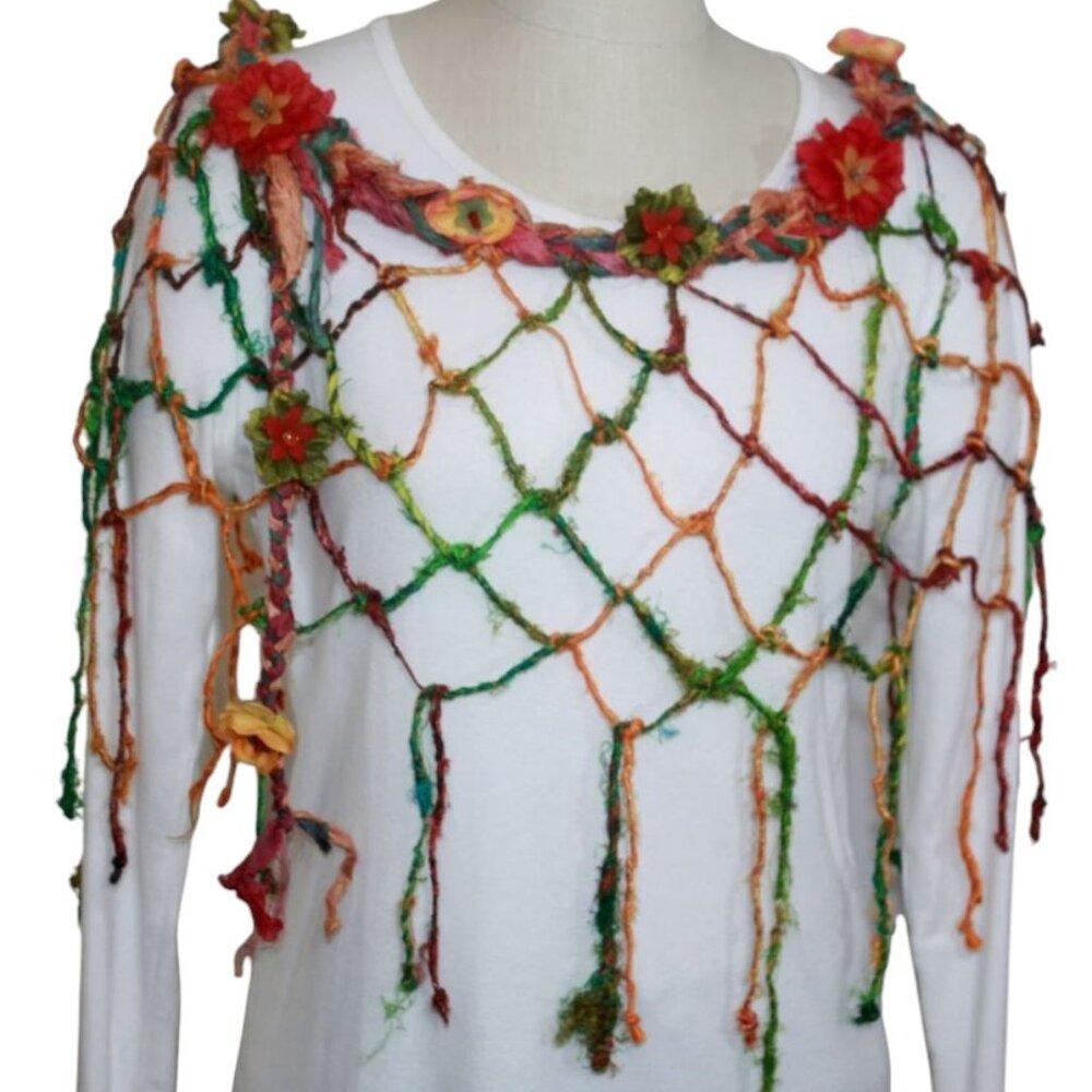 Red, Orange & Green Sari Silk & Handknotted Banana Fiber Poncho Flowers